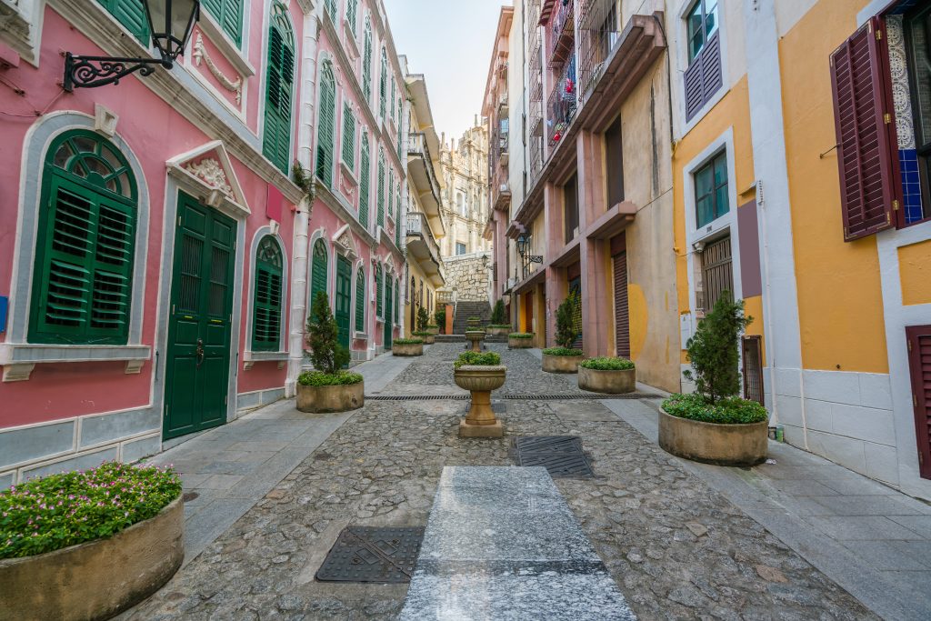 Scenic street in the old town in Macau (Macao) near Ruins of St Paul's in Macau (Macao) ,China.