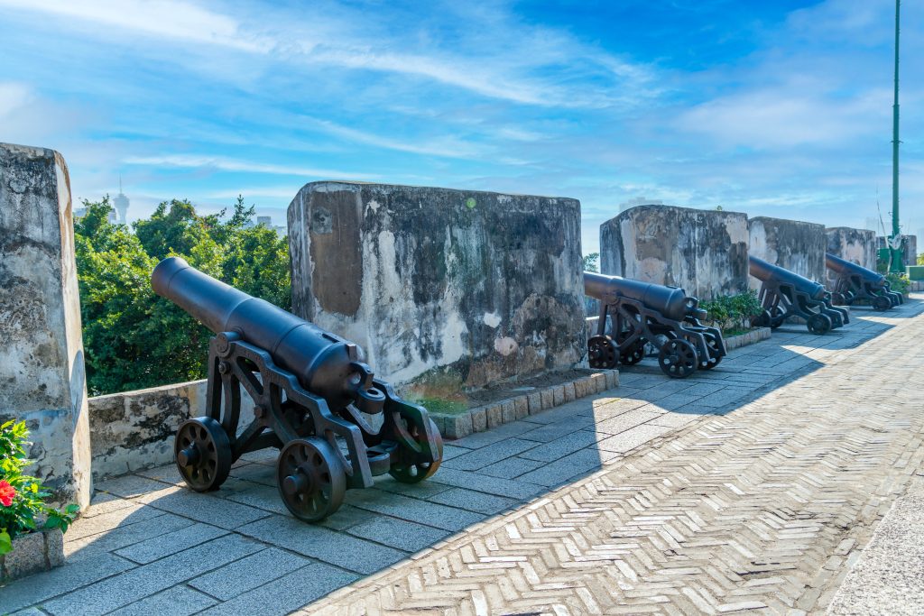Old cannon with its barrel pointing towards the city on Monte Fortress (built between 1617-1626) on the tall Mount Hill,located directly east of the Ruins of St. Paul