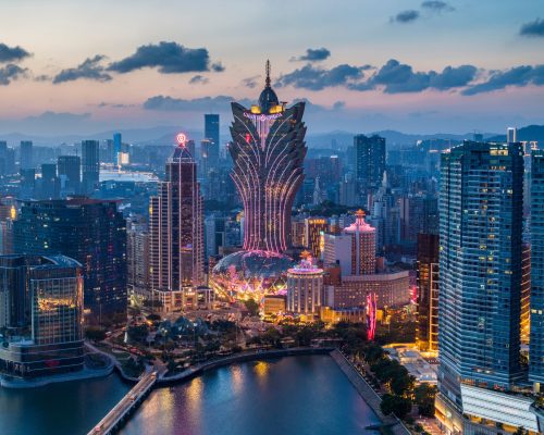 Macau City Aerial View of Grand Lisboa & Macau Cityscape at Dusk, Macau