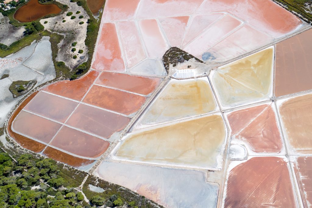 Aerial view of Ses Salines Es Trenc Estrenc saltworks at Colonia de Sant Jordi, Mallorca island, Spain