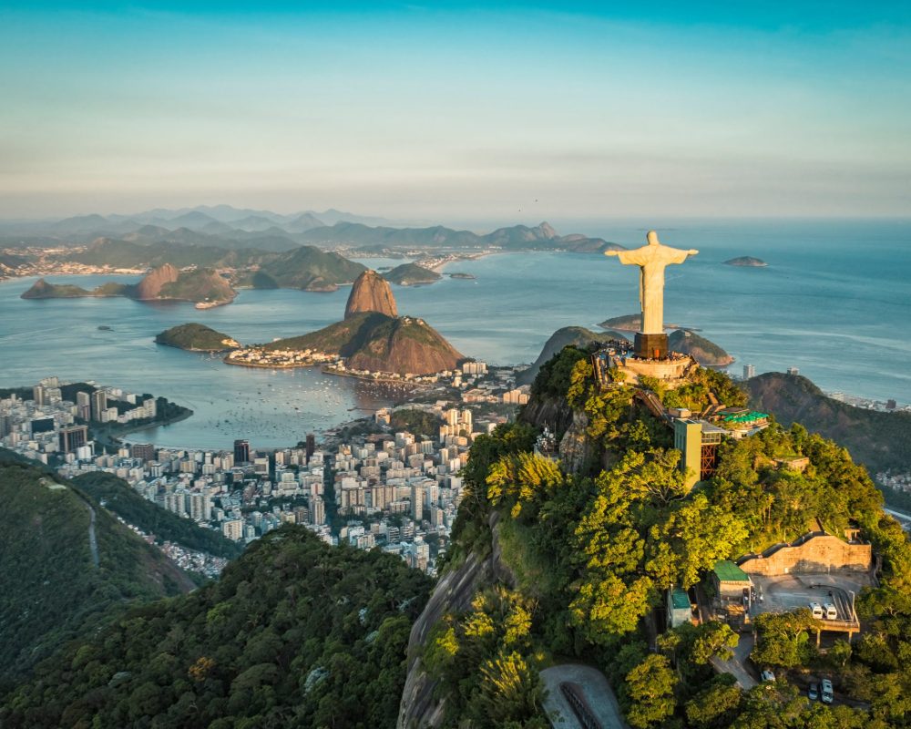 RIO DE JANEIRO, BRAZIL - FEBRUARY 2016: Aerial view of Christ and Botafogo Bay from high angle.