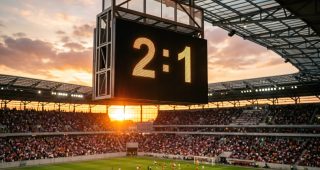 View of a 2:1 football match score on a giant screen during an orange sunset at a crowded sports stadium arena